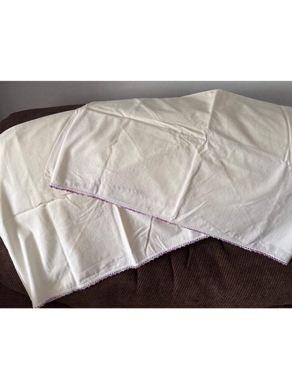 Vintage Handmade White Cotton Pillowcases With Purple Crochet Lace Edging Set Of